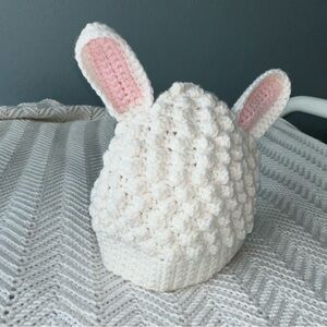 Adorable handmade crocheted white and pink lamb hat- child/toddler
